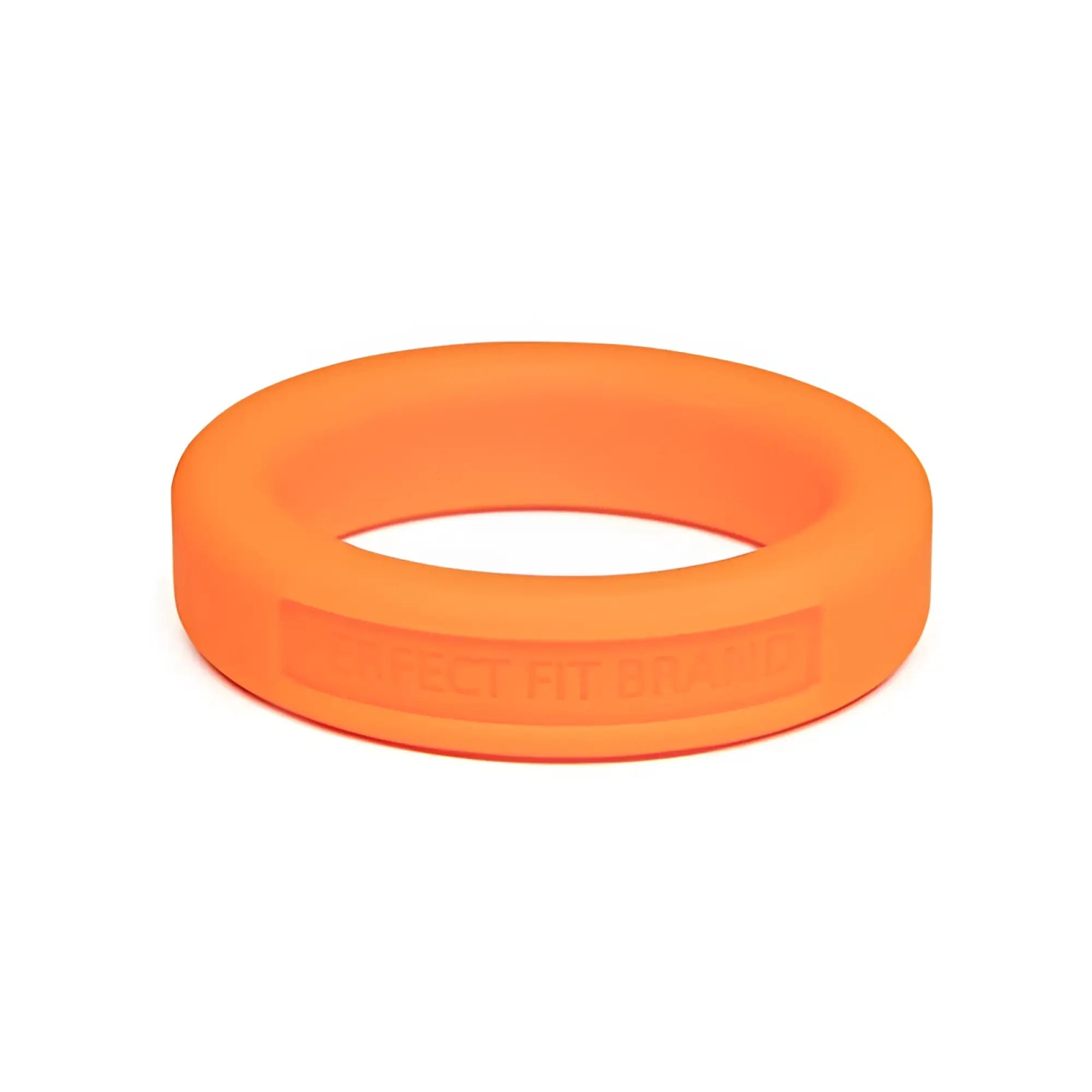 Bright orange perfectfit classic silicone medium stretch penis ring with smooth rounded design and embossed text