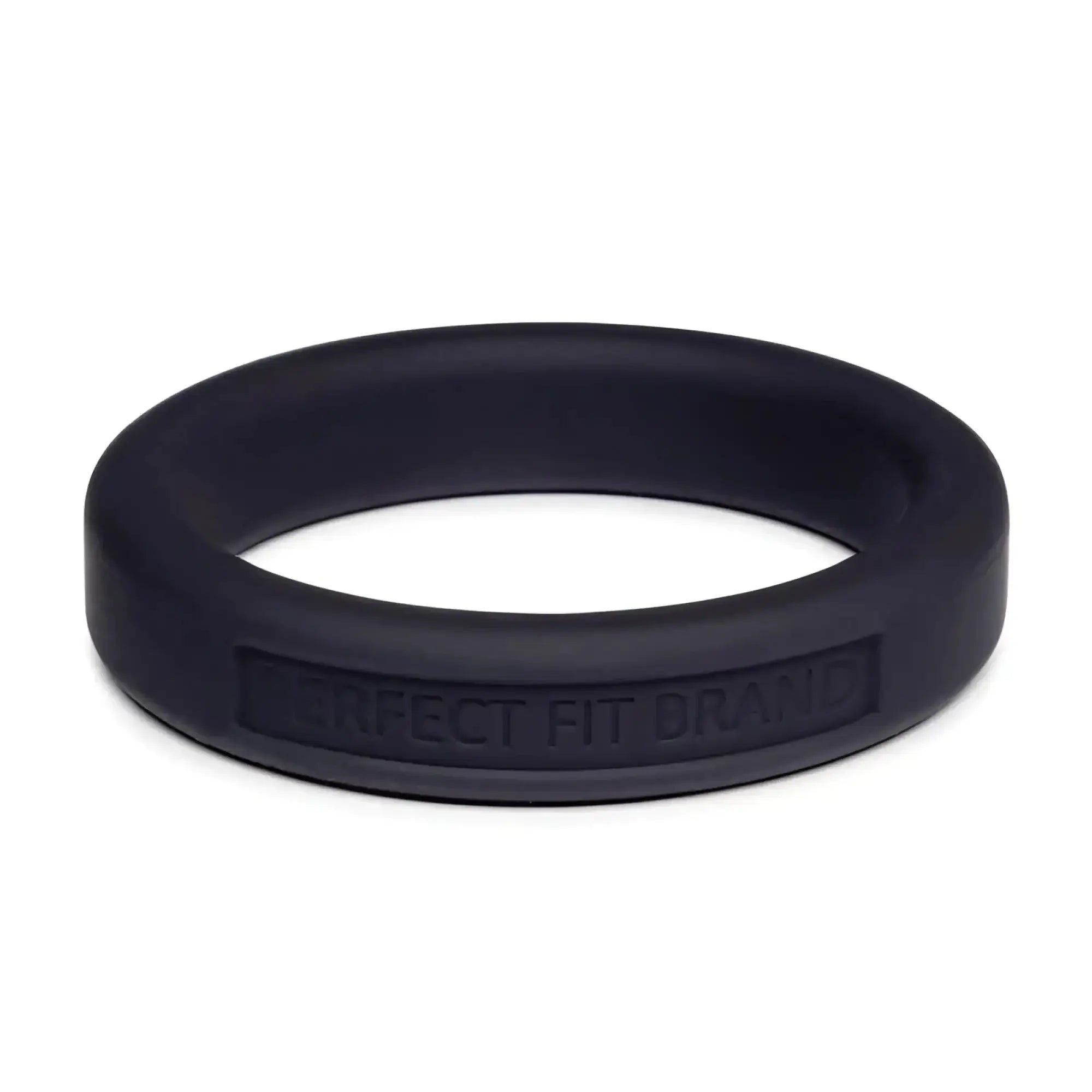 Black silicone perfectfit classic medium stretch penis ring 44mm showing embossed brand on inner band