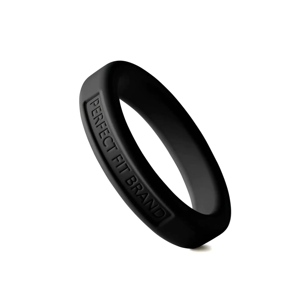 Black silicone perfectfit classic medium stretch penis ring with perfect fit brand engraving on the inside