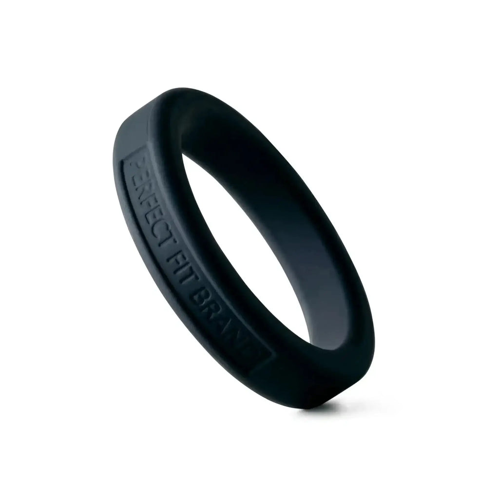 Black silicone perfectfit classic medium stretch penis ring with perfect fit brand engraved on inner surface