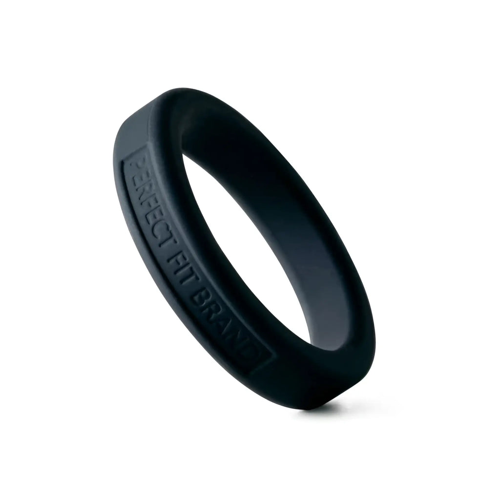 Black silicone perfectfit classic medium stretch penis ring with perfect fit brand engraved on inner surface