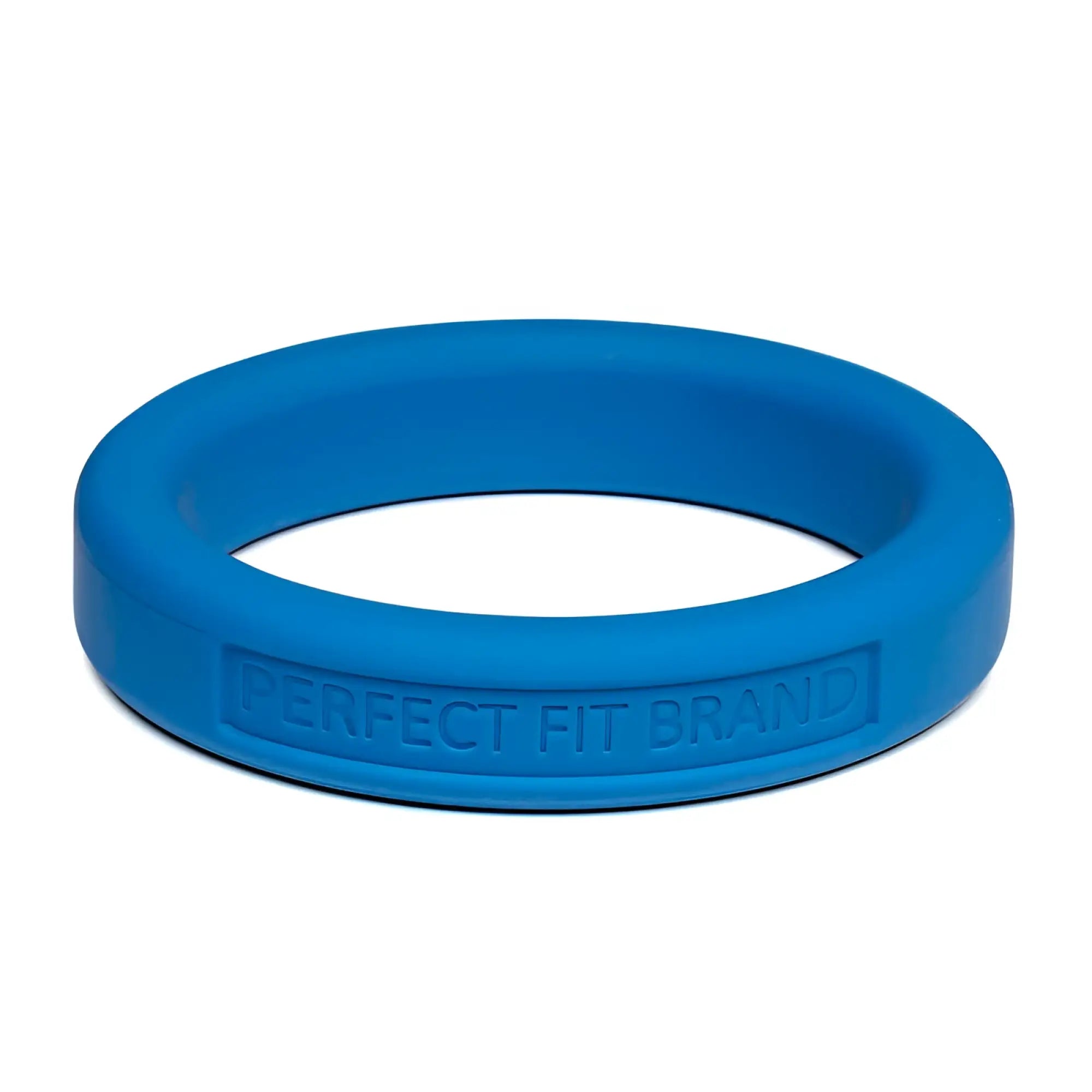 Bright blue medium stretch silicone penis ring with perfect fit brand embossed on the inner surface