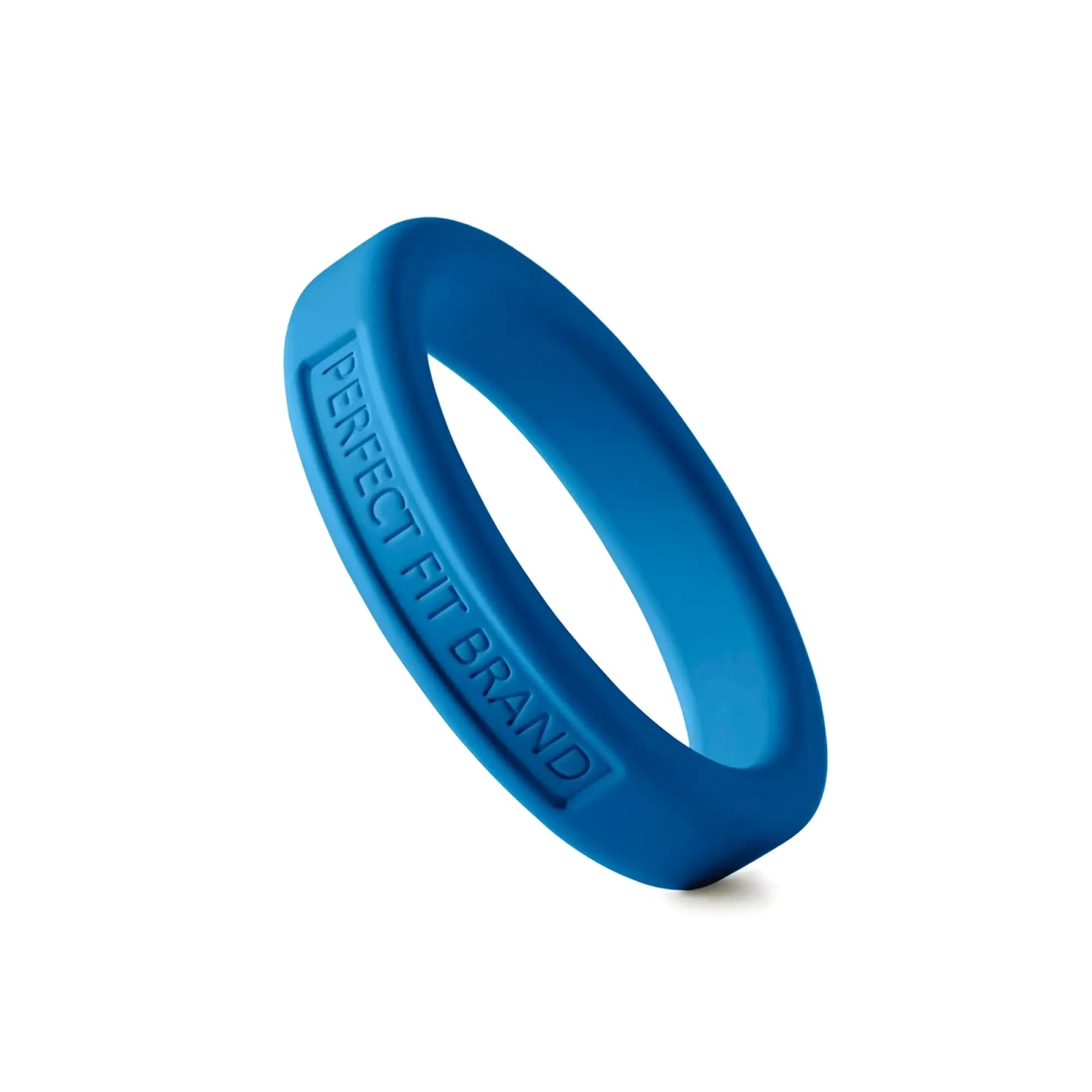 A sleek blue silicone medium stretch penis ring with perfect fit brand engraving on the inner surface