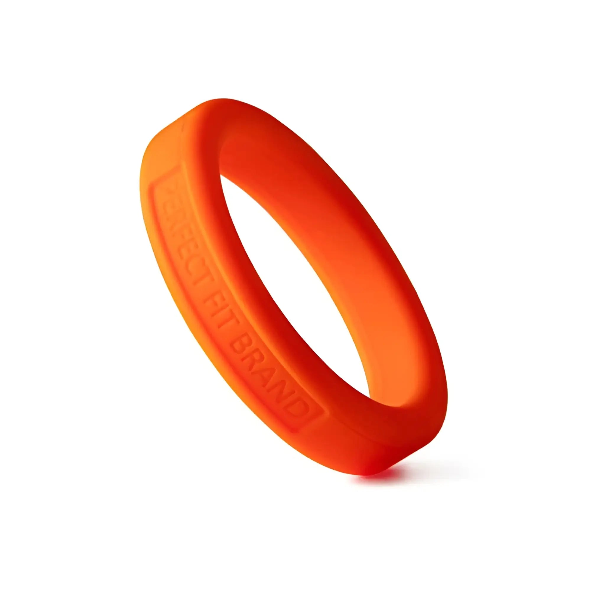 Bright orange medium stretch silicone penis ring 44mm with silicone fit brand embossed on inner surface