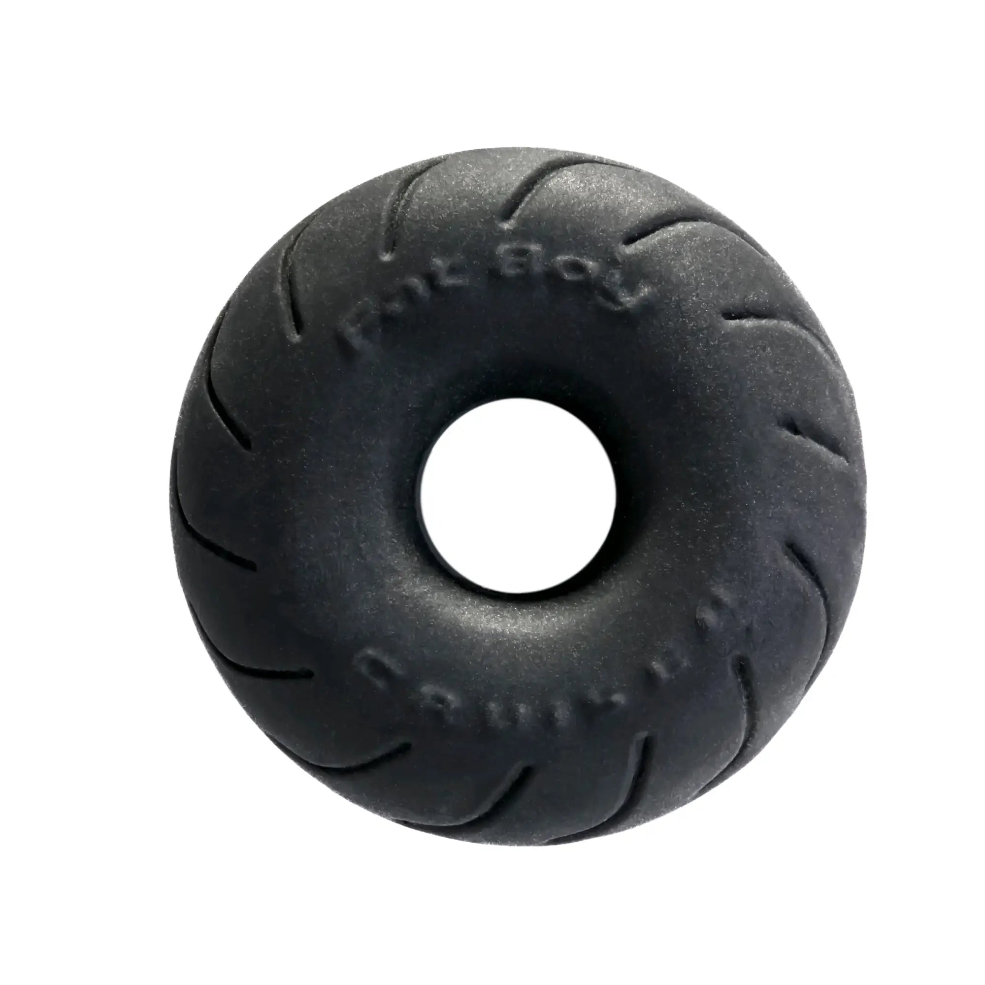 Black rubber donut-shaped PerfectFit Cruiser Ring 2.5in with tire tread pattern and embossed text made of SilaSkin