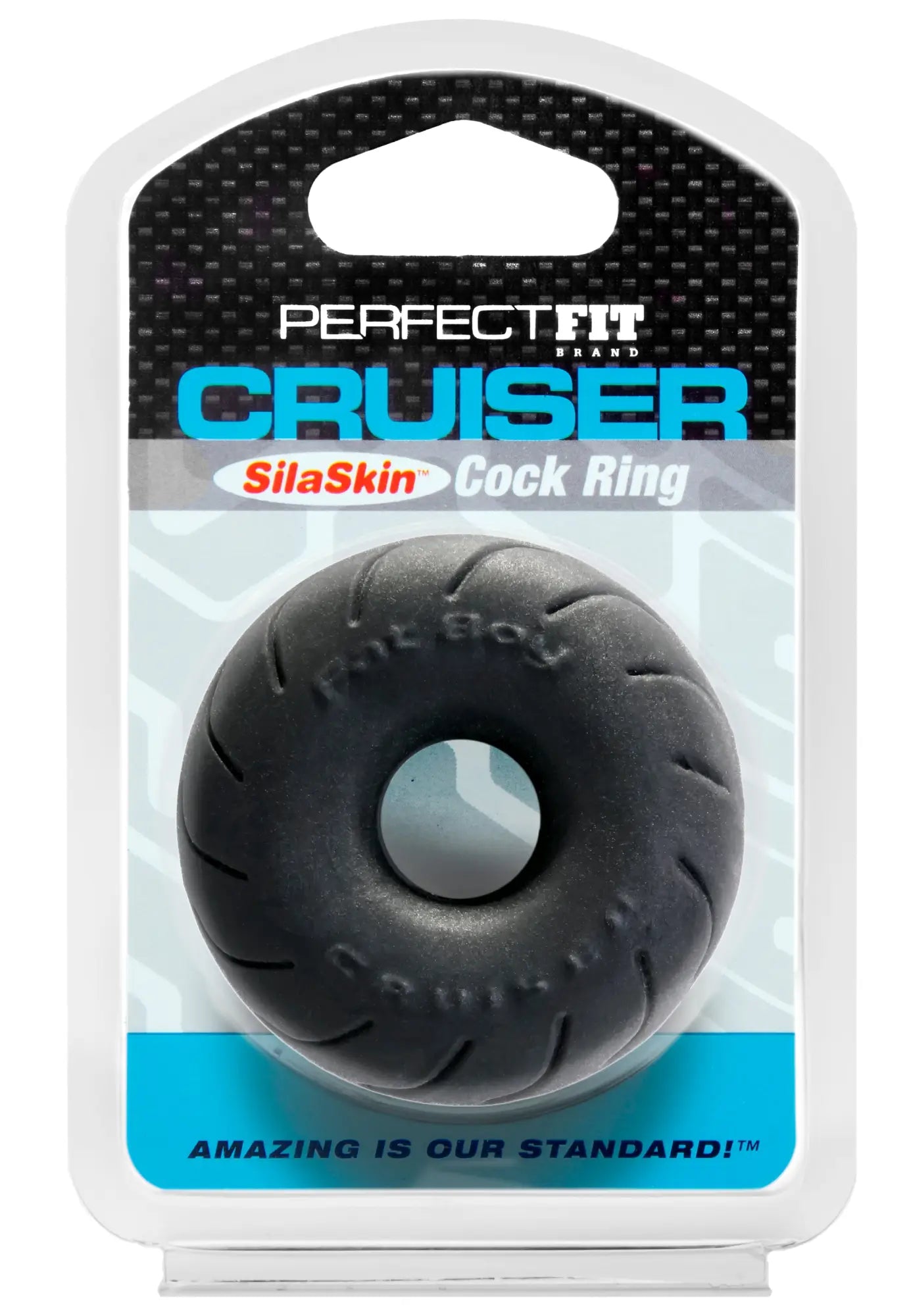 Black silicone cock ring with textured tire-like design and cruiser branding from perfectfit cruiser ring 25in silaskin