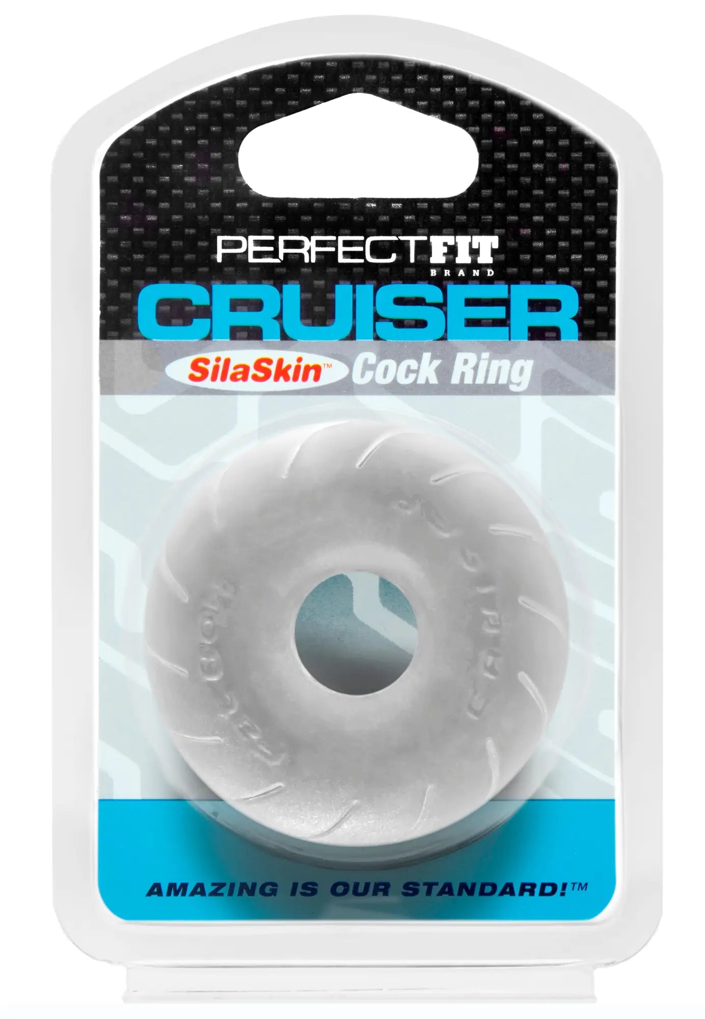 PerfectFit Cruiser Ring 2.5in SilaSkin clear white silicone cock ring with textured ribbed design and cruiser branding