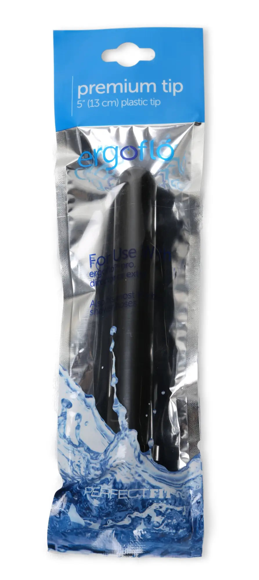 Black 5-inch ergofit plastic nozzle packaged in blue and silver foil for precise ergonomic use