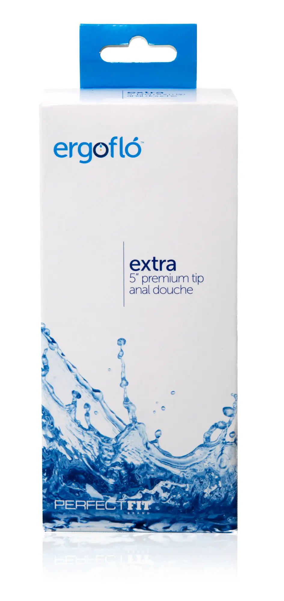 White rectangular box with blue branding and water splash labeled ergoflo extra 5 premium tip anal douche for hygiene use