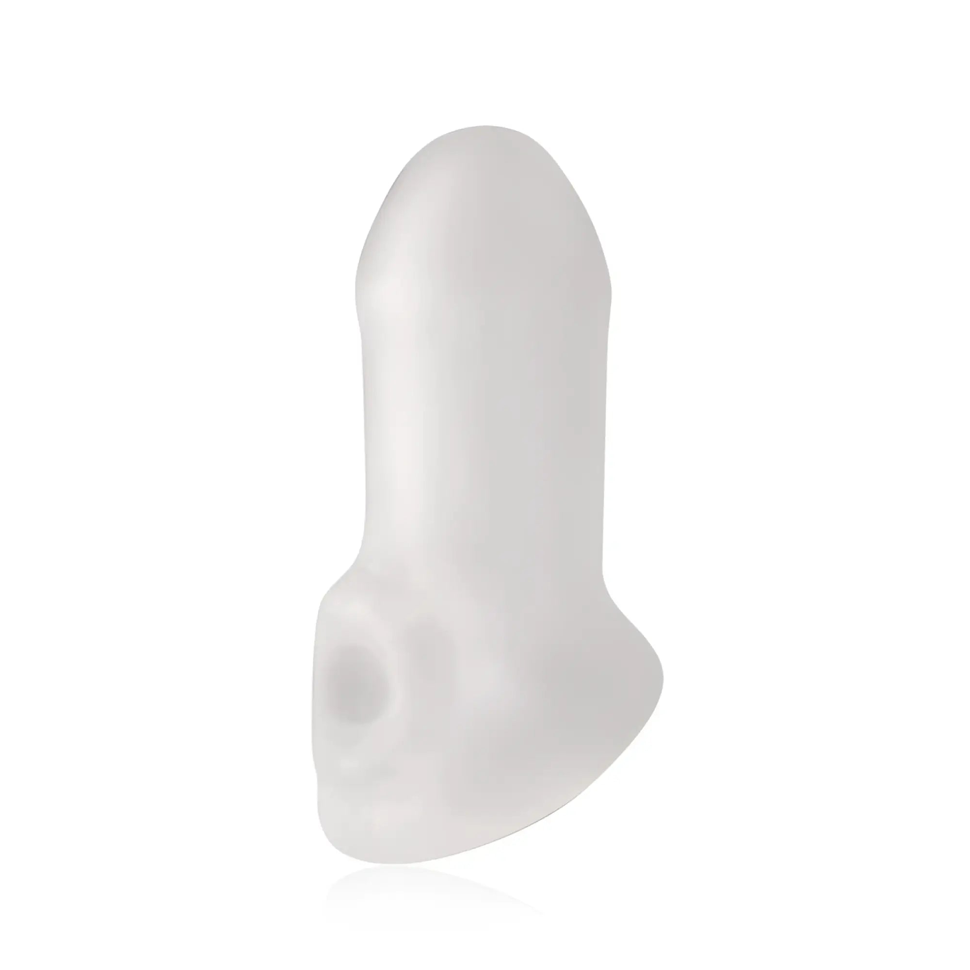 Translucent white silicone dildo with rounded head and tapered base in perfectfit fat boy 4.0 cock sleeve design