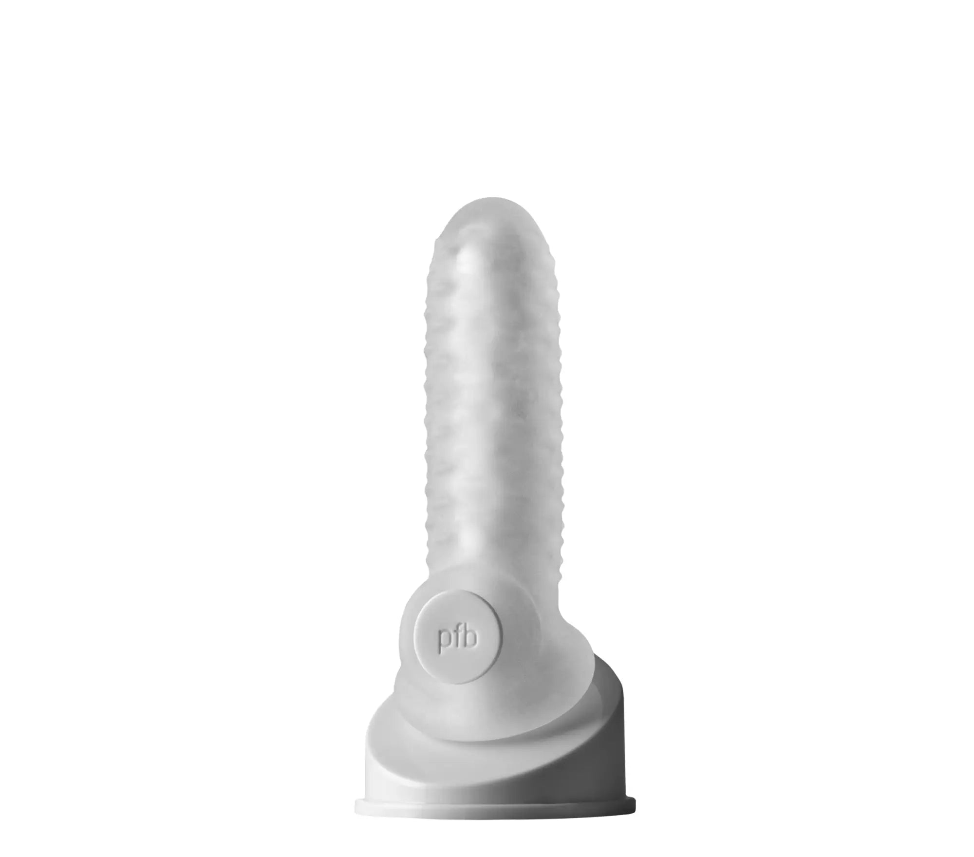 White silicone dildo with textured grip and circular base featuring pfb logo perfectfit fat boy checker plate sheath 5.5in