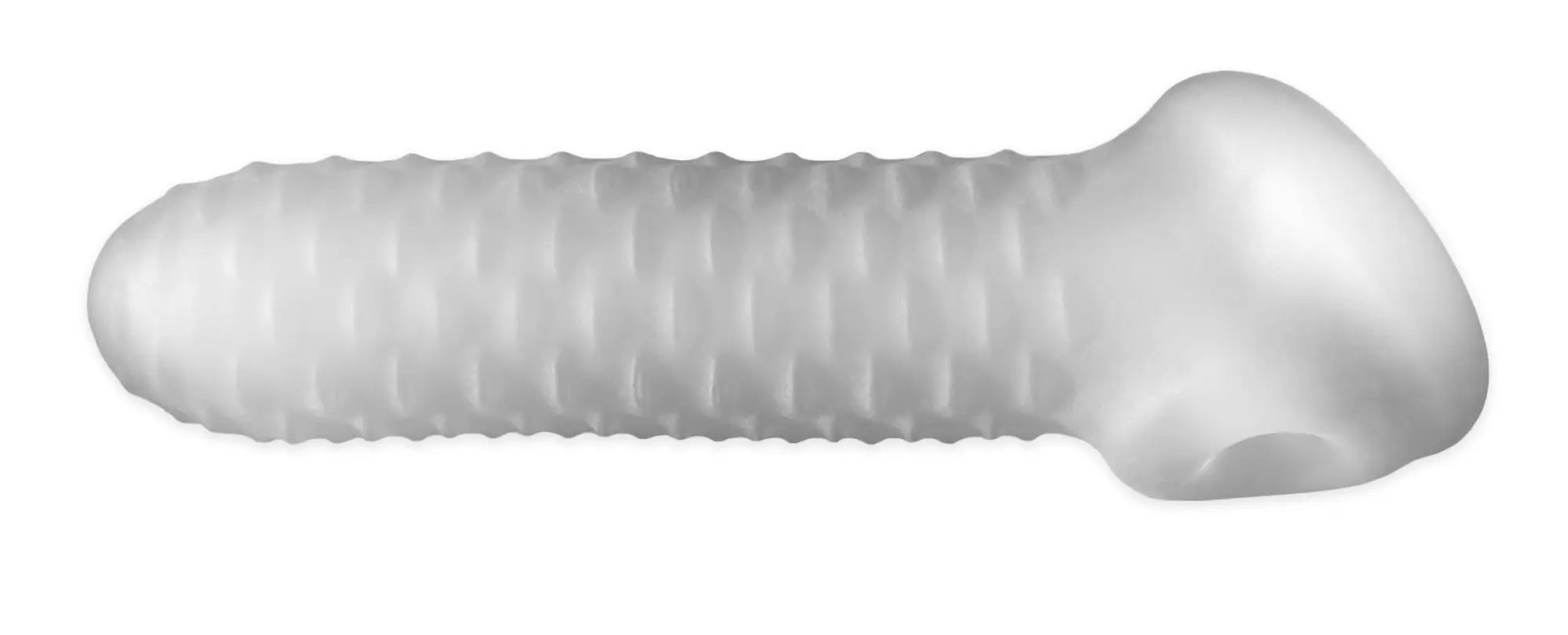 Translucent white silicone dildo with ridged textured surface and rounded head perfectfit fat boy checker plate sheath 6.5in