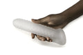 A translucent white textured silicone toy with a ribbed surface and rounded ends perfectfit fat boy sheath 7.5in