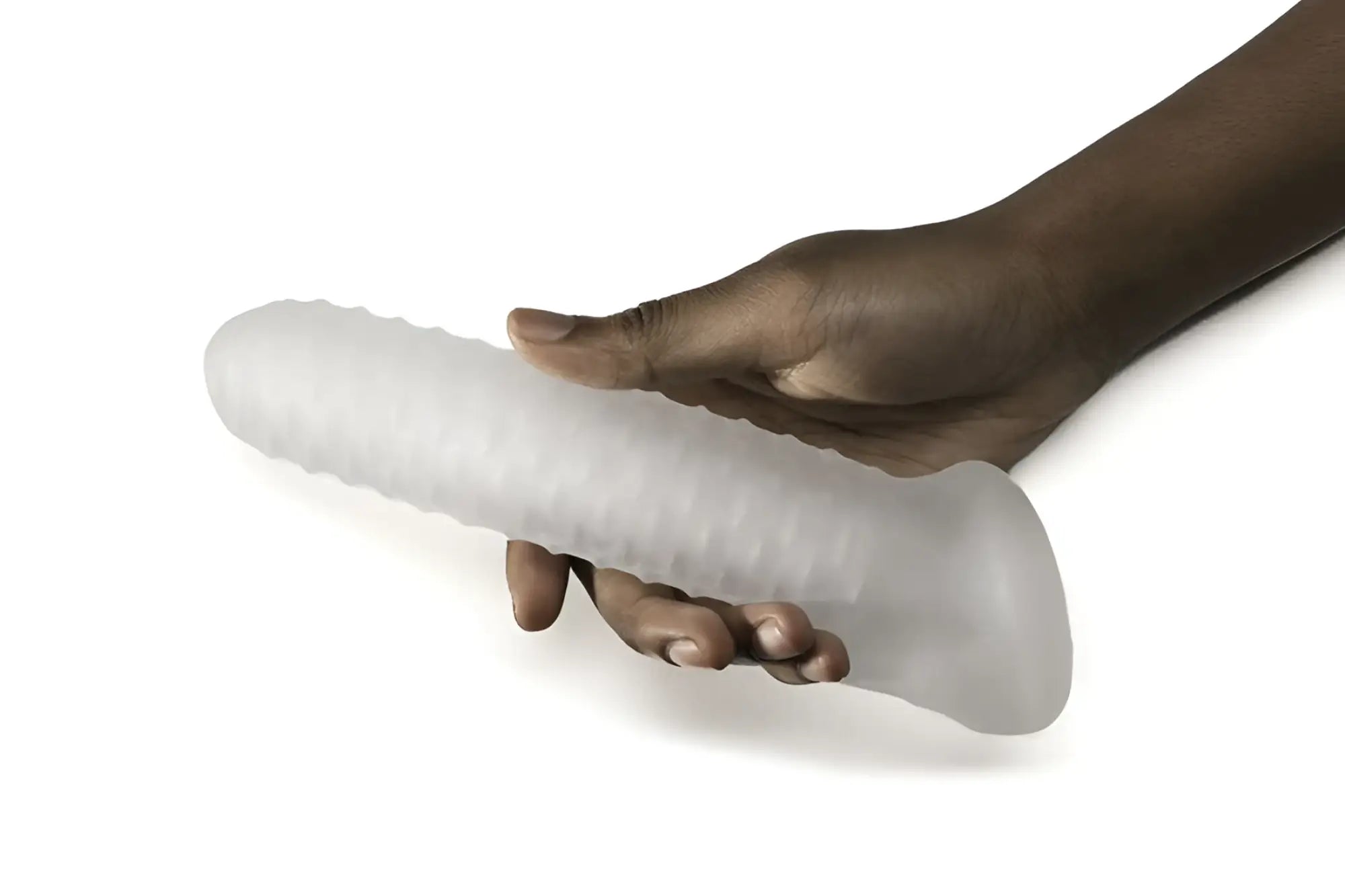 A translucent white textured silicone toy with a ribbed surface and rounded ends perfectfit fat boy sheath 7.5in