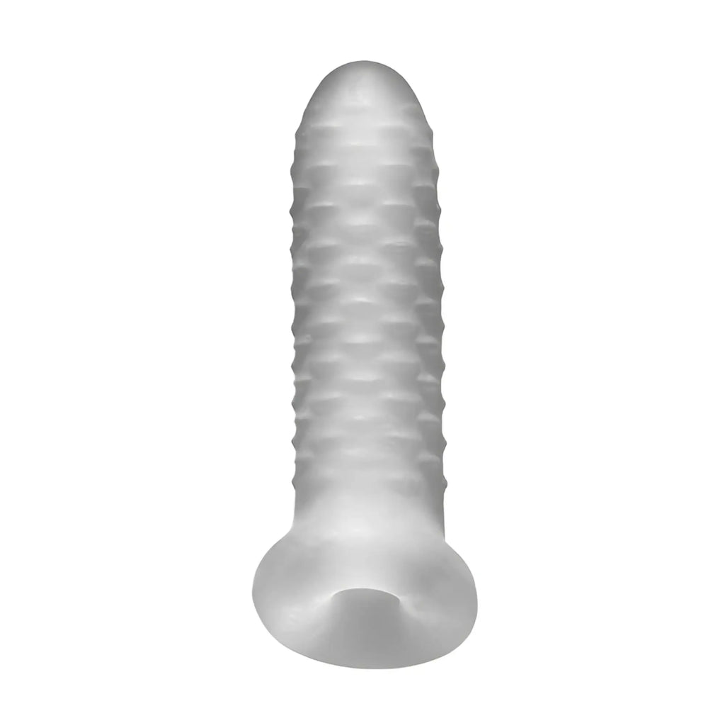 Transparent silicone cock ring with textured ribbed surface and rounded base from perfectfit fat boy checker plate sheath 7.5in