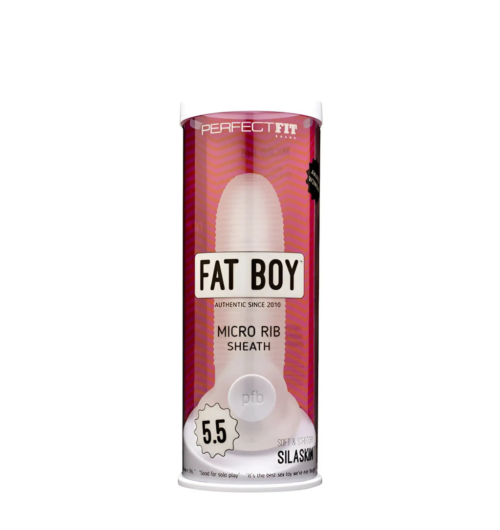 PerfectFit Fat Boy micro rib sheath 5.5in white silicone toy in red and clear cylindrical package