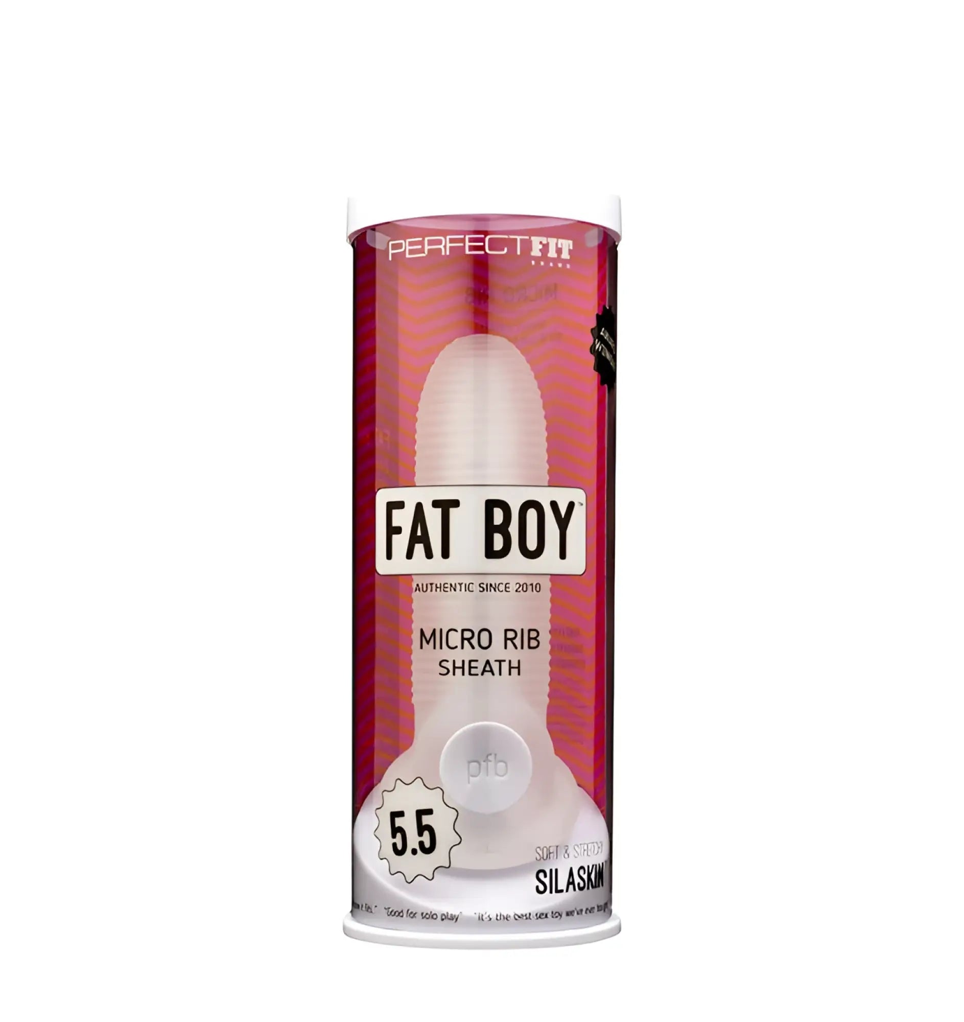 PerfectFit Fat Boy micro rib sheath 5.5in white silicone toy in red and clear cylindrical package