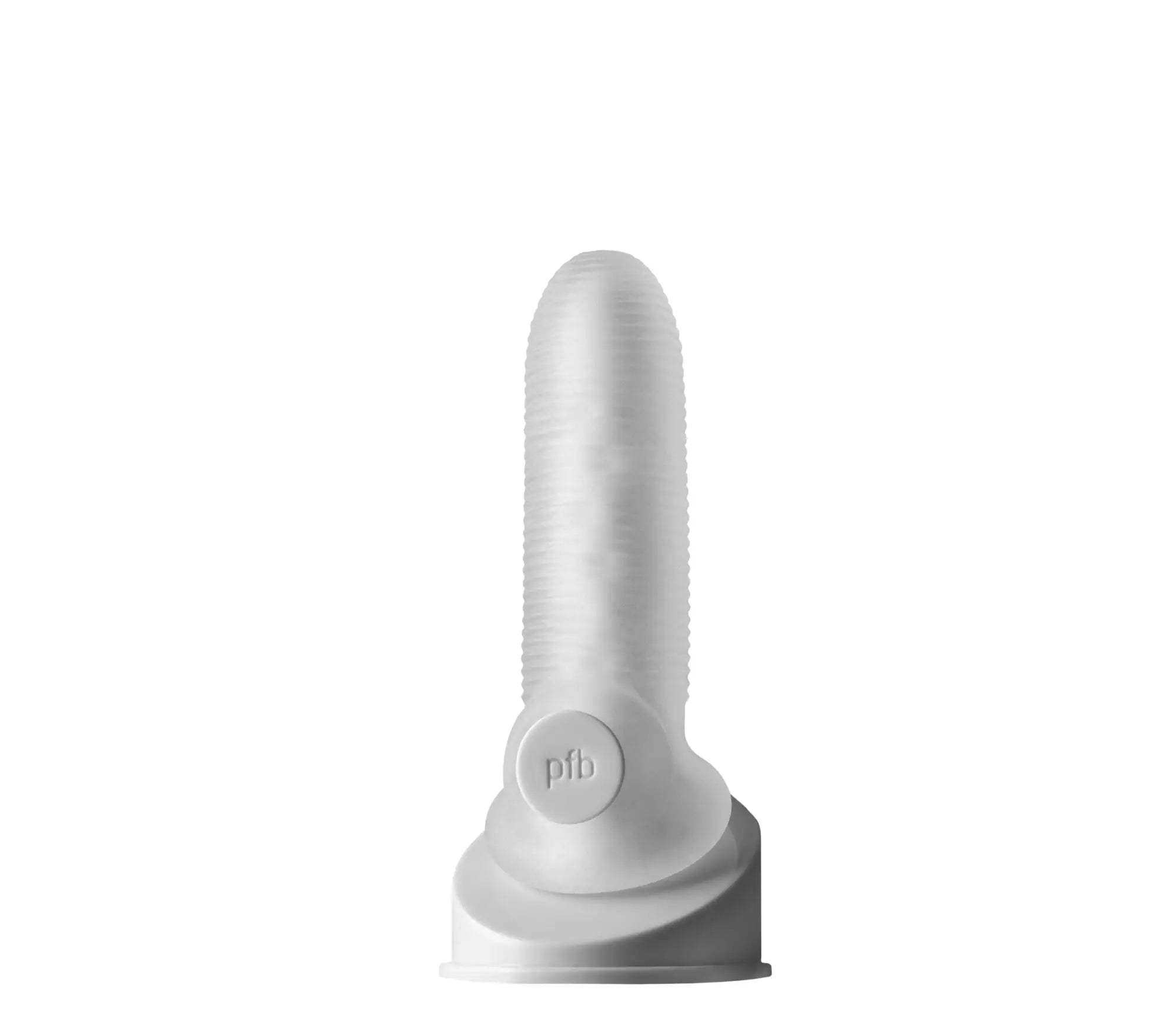 White silicone finger dildo with textured grip and circular base featuring pfb logo perfectfit fat boy micro rib sheath 5.5in