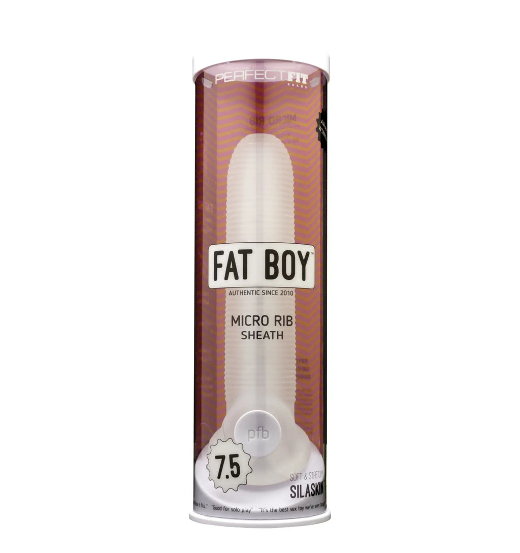 White silicone micro rib sheath in clear tube labeled fat boy by perfect fit for 7.5 inch size