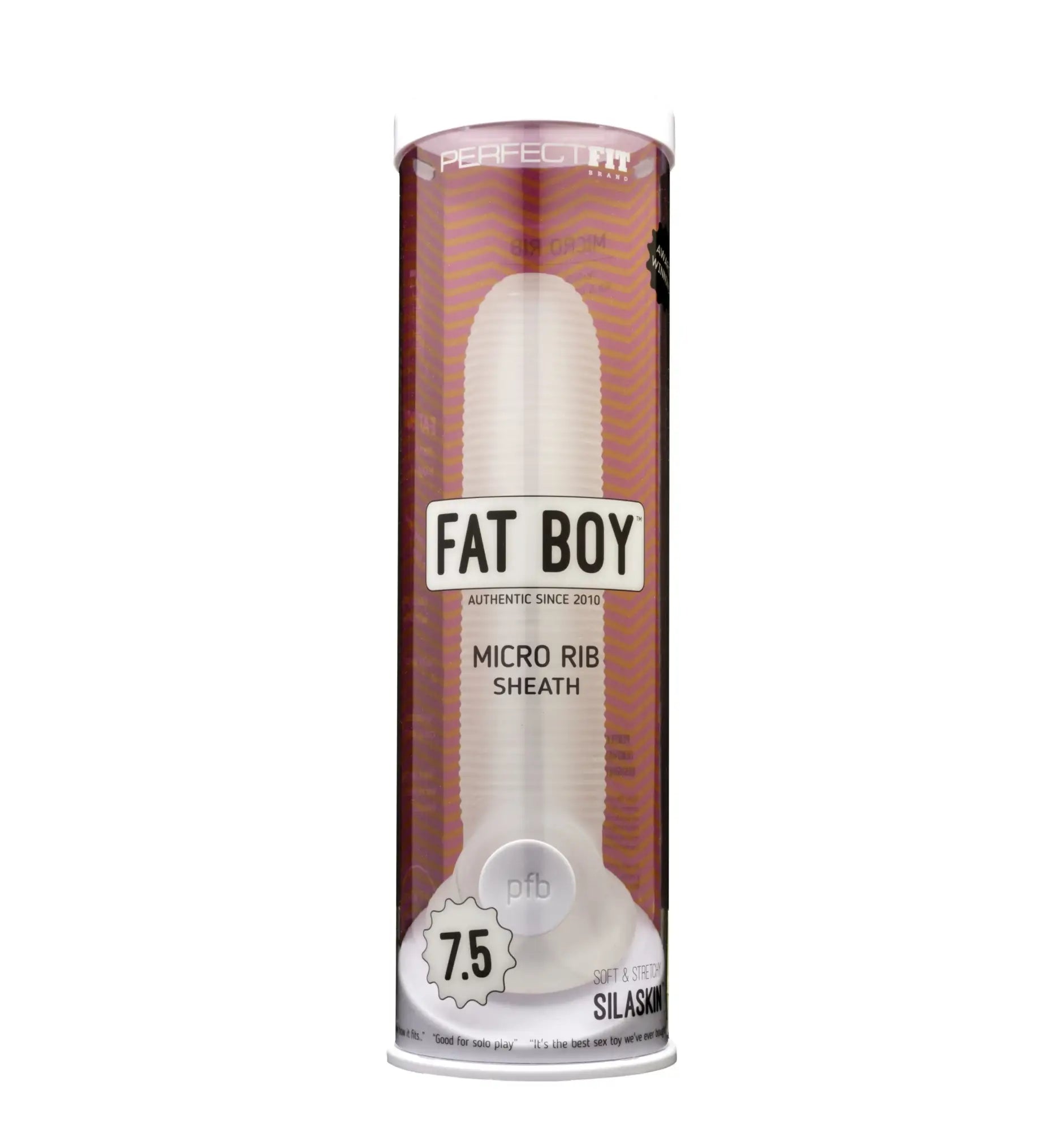White silicone micro rib sheath in clear tube labeled fat boy by perfect fit for 7.5 inch size