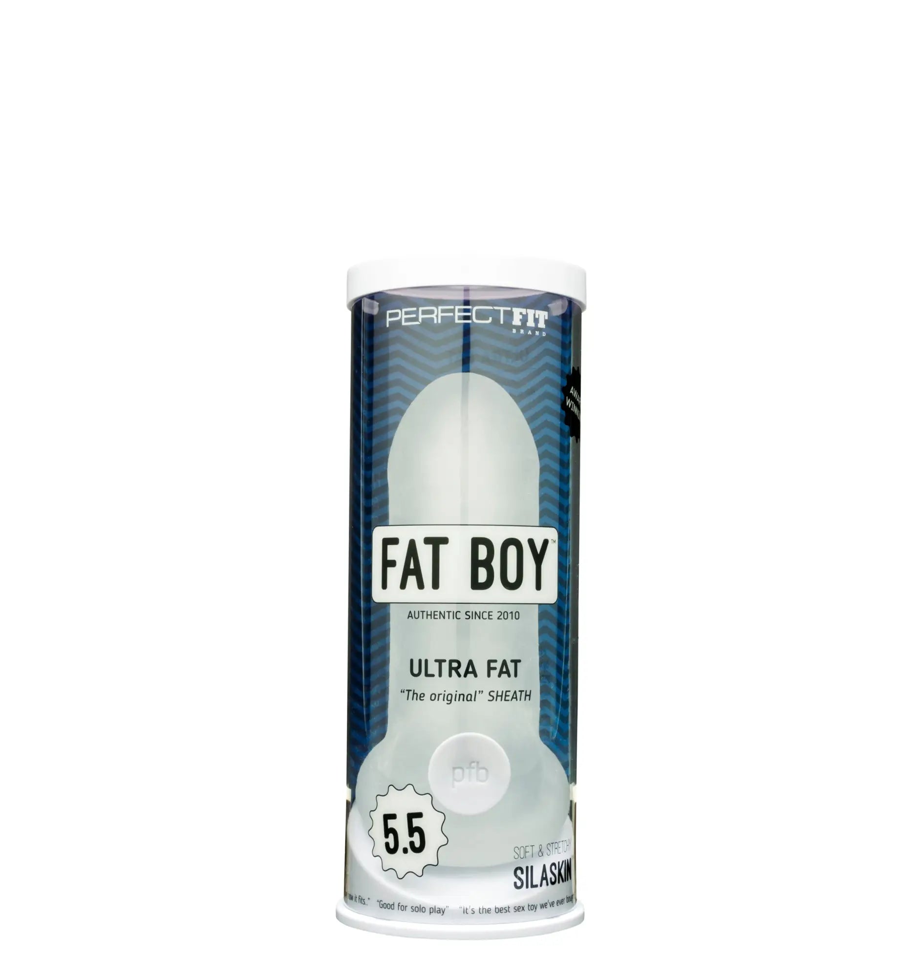 PerfectFit Fat Boy original ultra fat sheath 5.5 inch blue and white packaging silicone toy front view