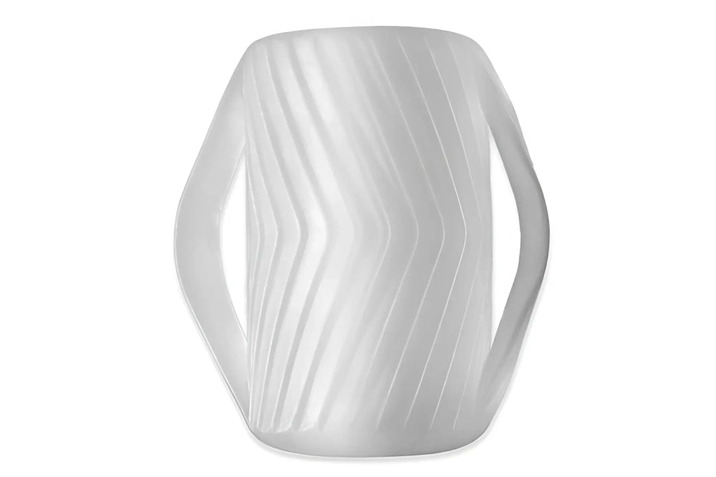 A translucent white ribbed silicone perfectfit male masturbator gripped with two integrated handles and modern design
