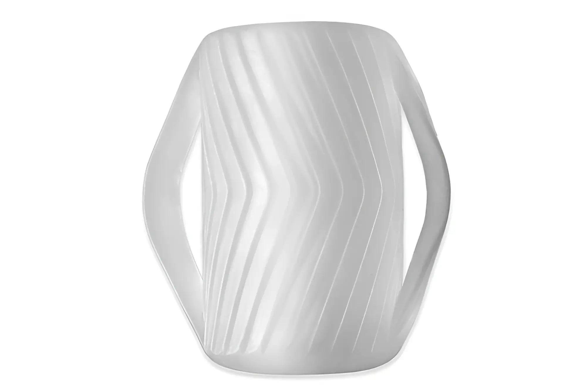 A translucent white ribbed silicone perfectfit male masturbator gripped with two integrated handles and modern design