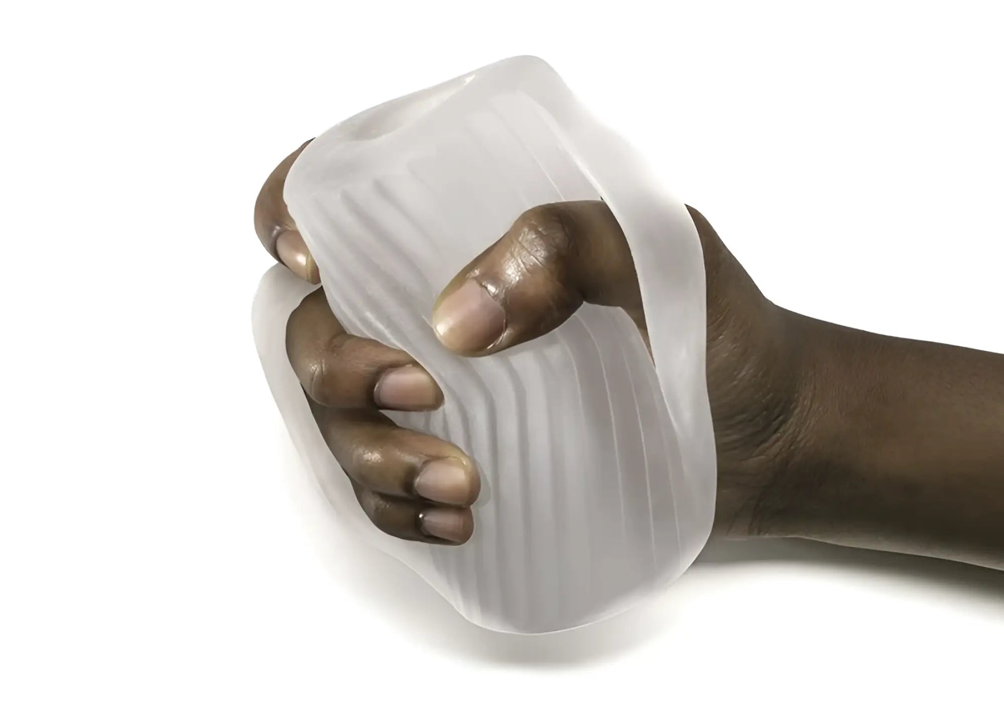 Translucent white silicone stress ball with vertical ridges from the perfectfit male masturbator gripped product line