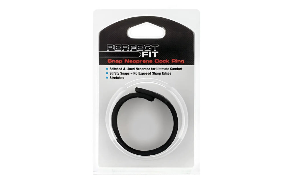 Black stitched neoprene snap cock ring in clear packaging from PerfectFit neoprene snap cockrings product line