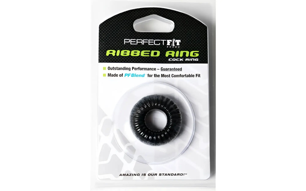 Black ribbed cock ring made of pfblend material packaged in a branded blister pack perfectfit ribbed ring