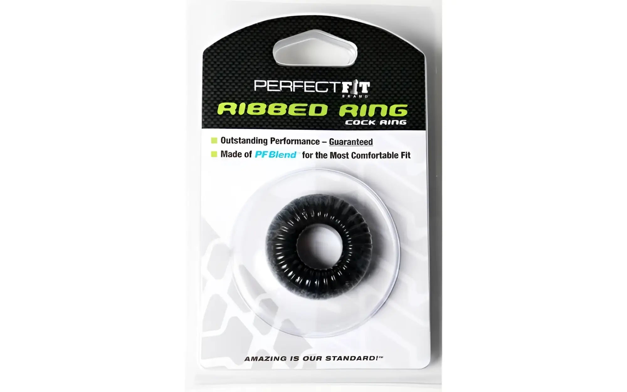 Black ribbed cock ring made of pfblend material packaged in a branded blister pack perfectfit ribbed ring