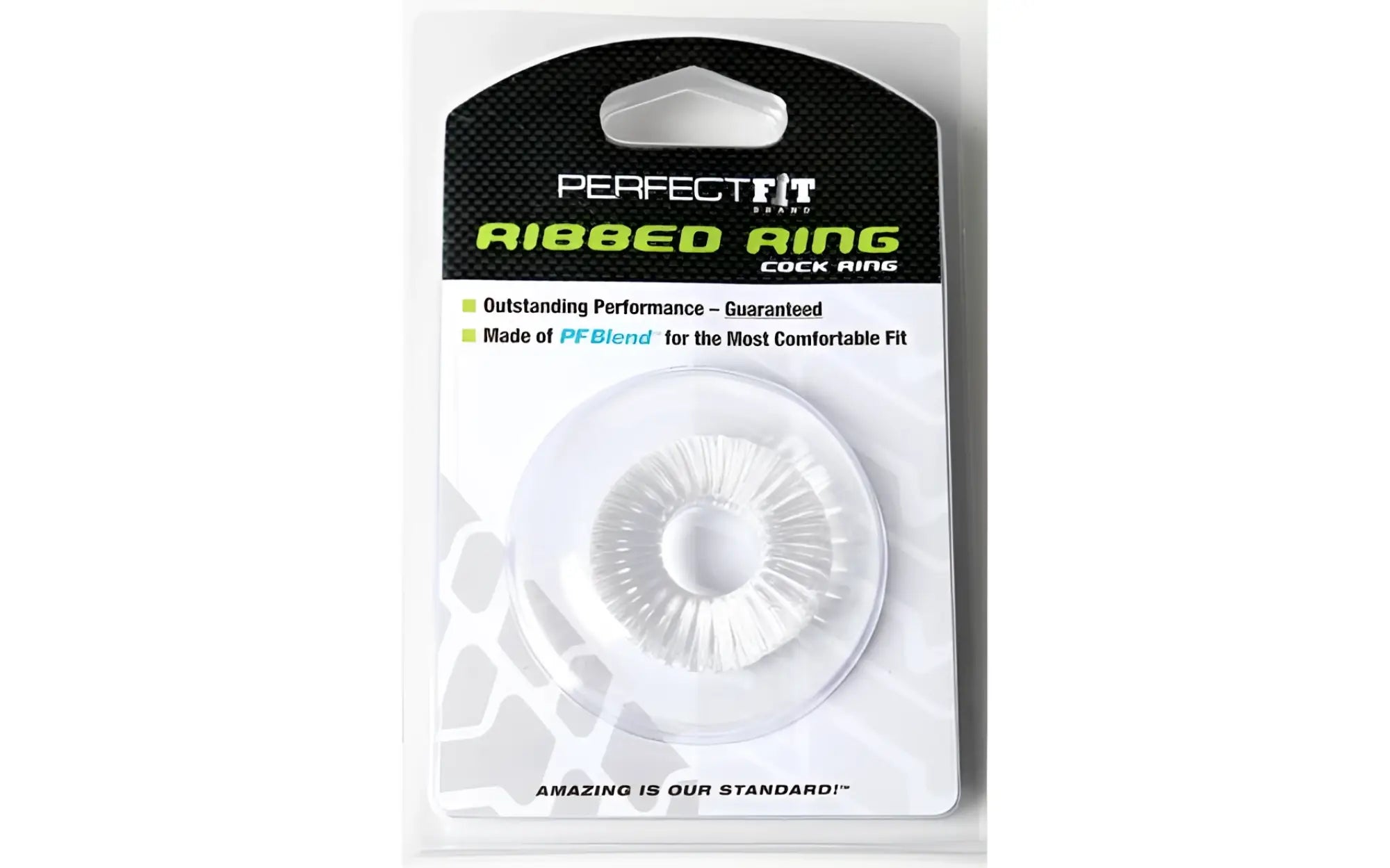 Clear ribbed cock ring made of pfblend material displayed in perfect fit branded packaging for comfortable use