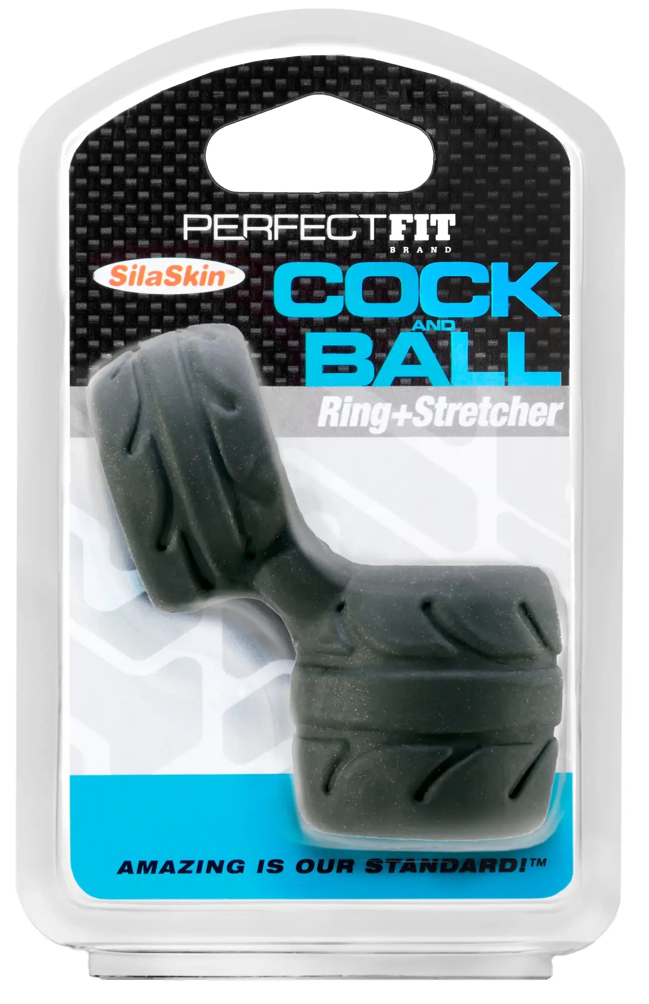 PerfectFit SilaSkin black cock and ball ring and stretcher in clear plastic packaging showing front view