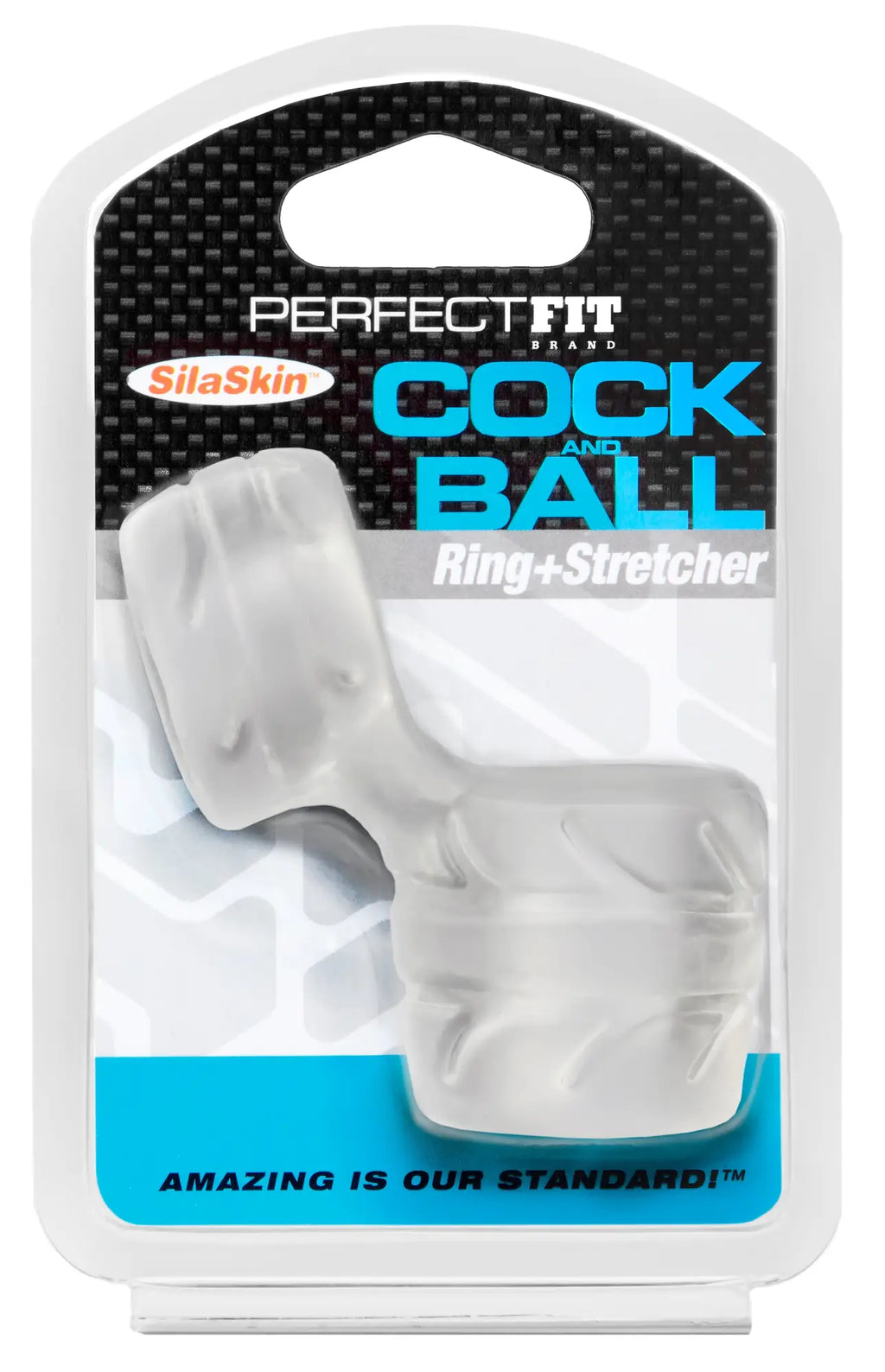 Clear translucent silaSkin cock and ball ring and stretcher in perfect fit branded package for comfortable wear