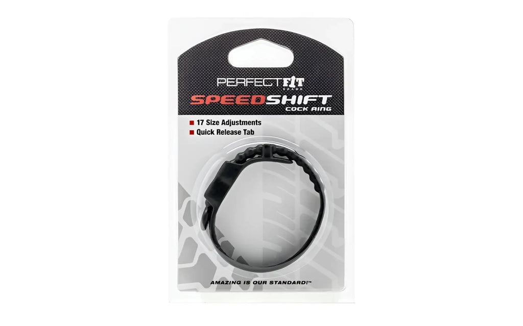 Black perfectfit speed shift cock ring with quick release tab and 17 size adjustments for custom fit