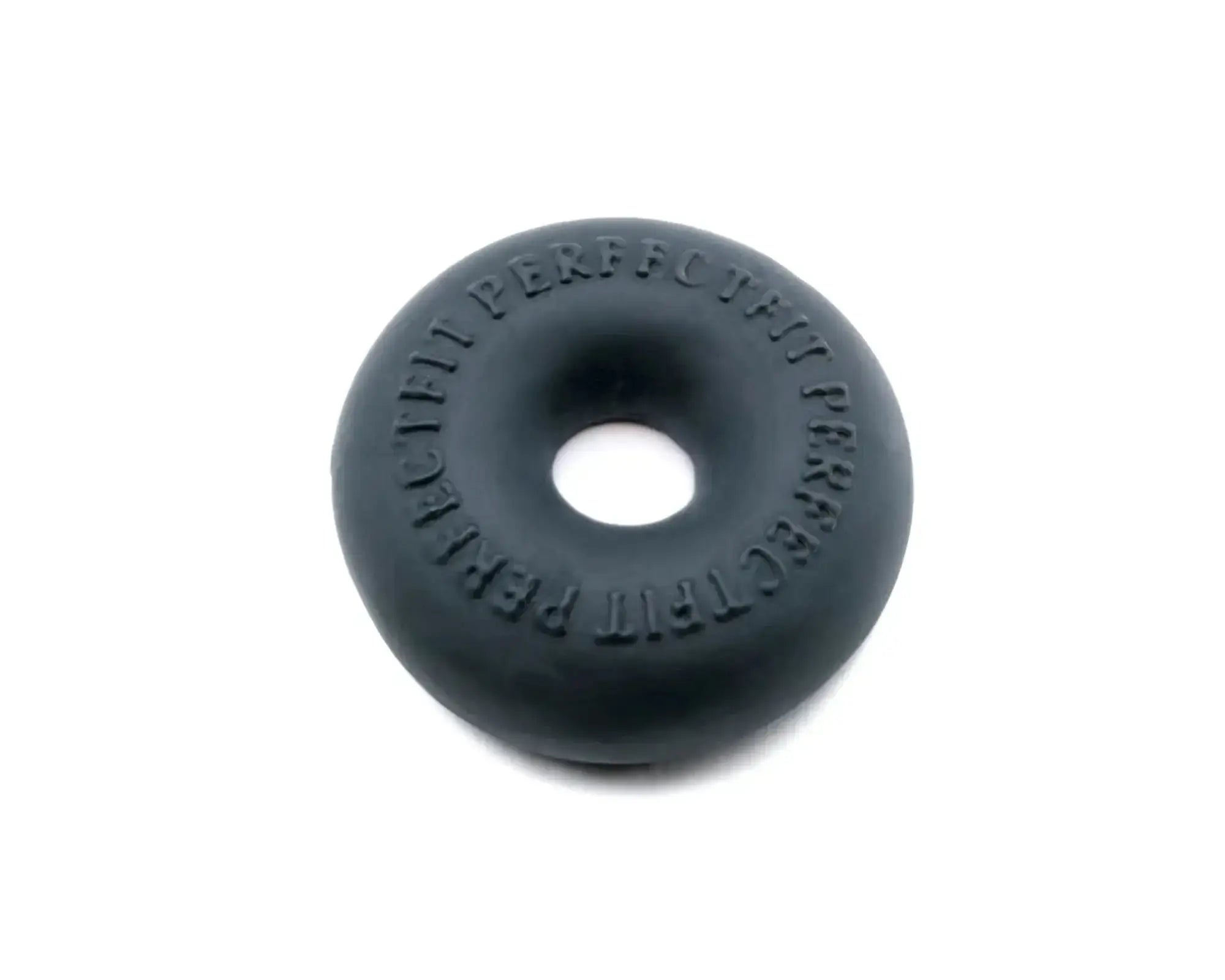 Black rubber donut with embossed text around its edge from the PerfectFit Stackit Black product line