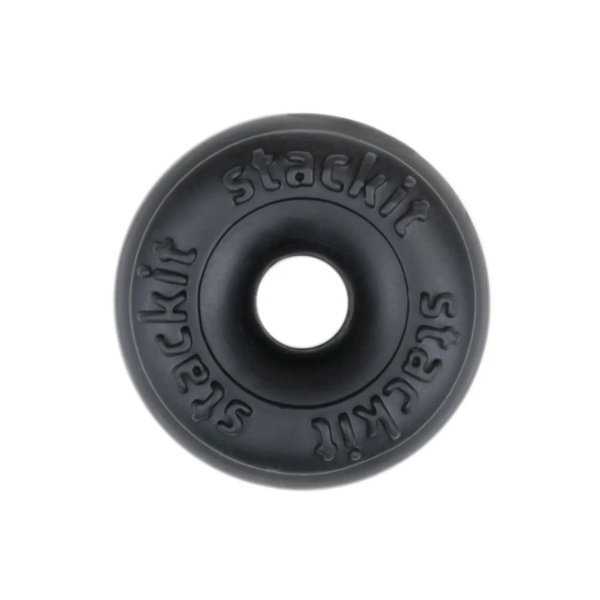 Perfectfit stackit black rubber donut-shaped grip pad designed for secure non-slip stacking and protection