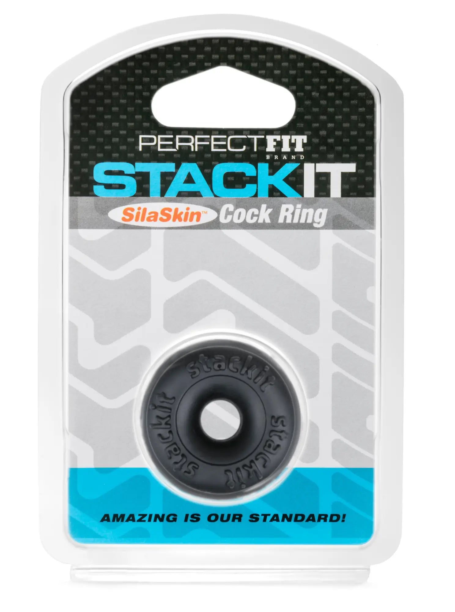 Perfectfit stackit black black silaskin cock ring in branded packaging showcasing a stackable design