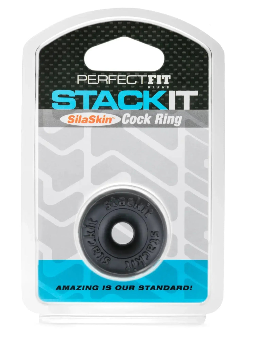 Perfectfit stackit black black silaskin cock ring in branded packaging showcasing a stackable design