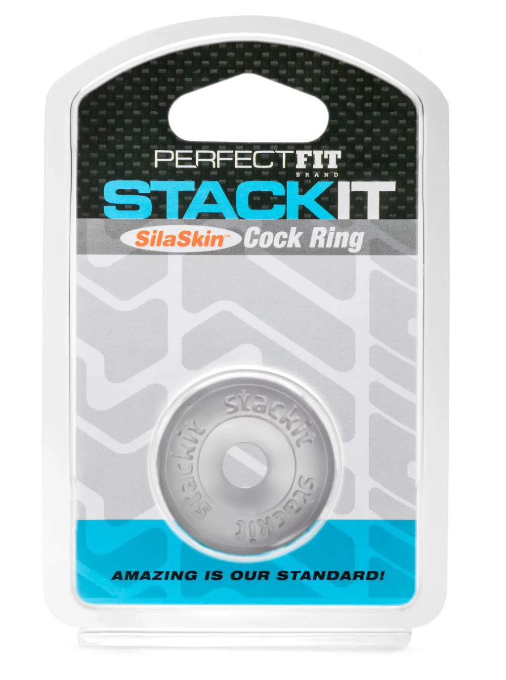 Silver silaskin stackit cock ring in clear branded packaging from PerfectFit for adjustable comfort and fit