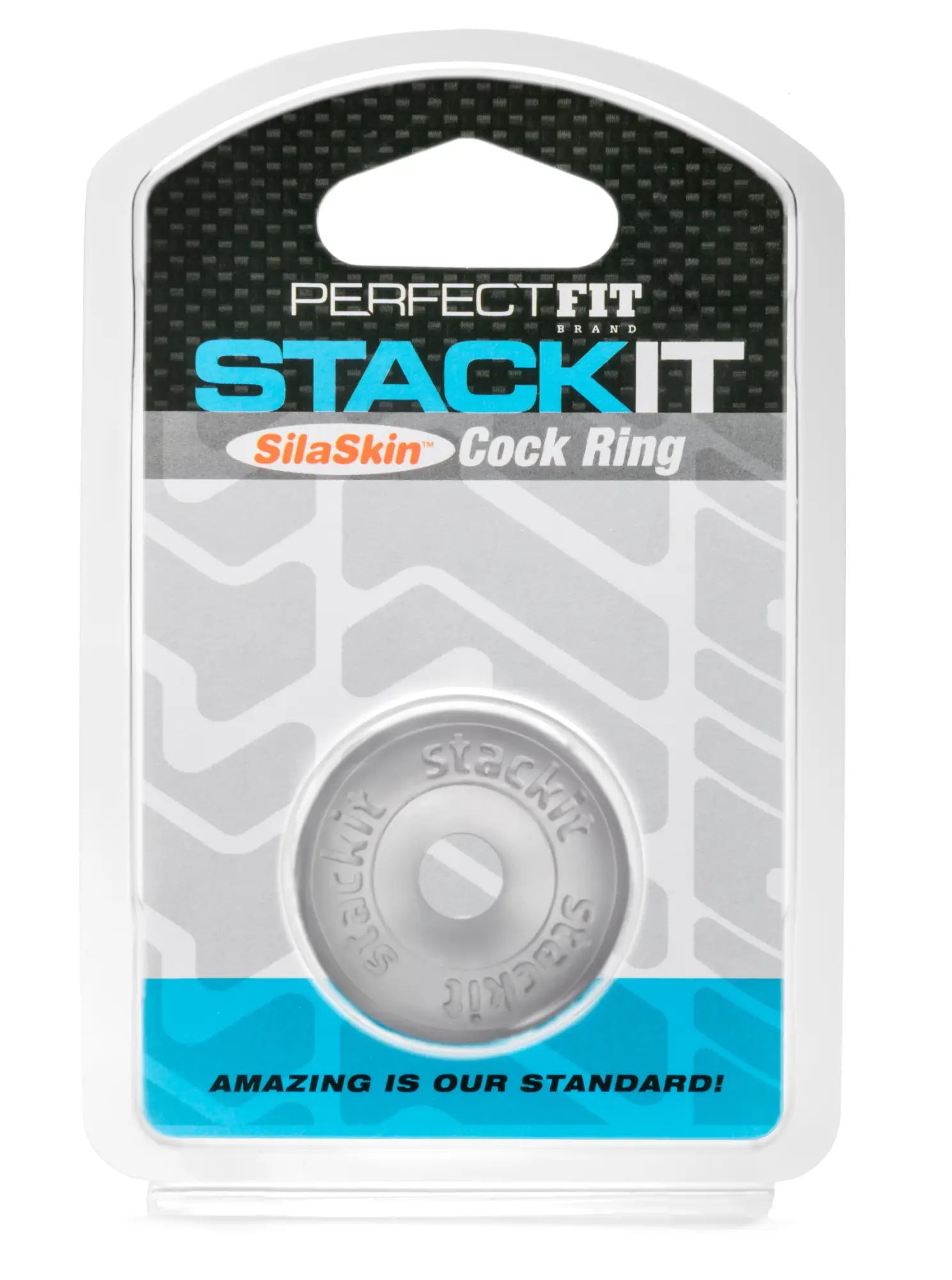 Silver silaskin stackit cock ring in clear branded packaging from PerfectFit for adjustable comfort and fit