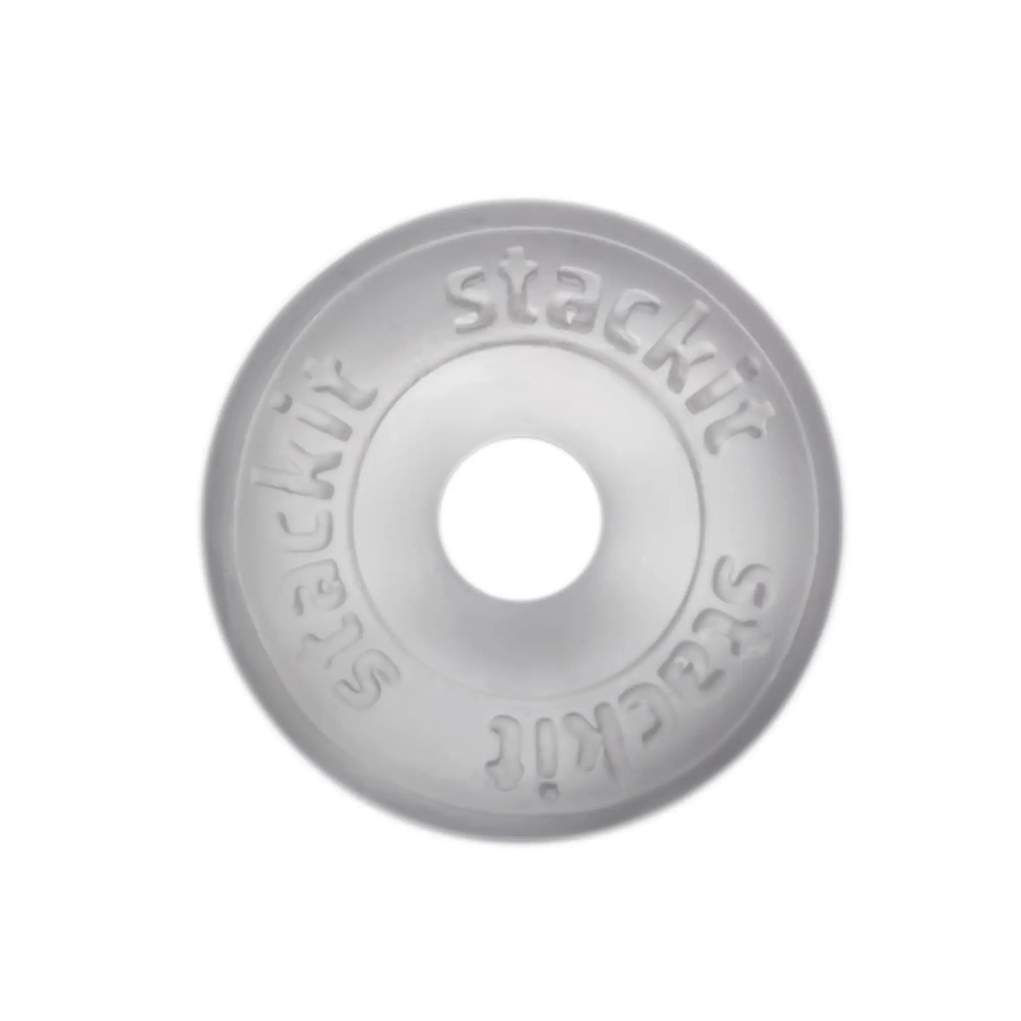 Perfectfit stackit clear translucent plastic stacker with embossed stackkit branding around its circular edge