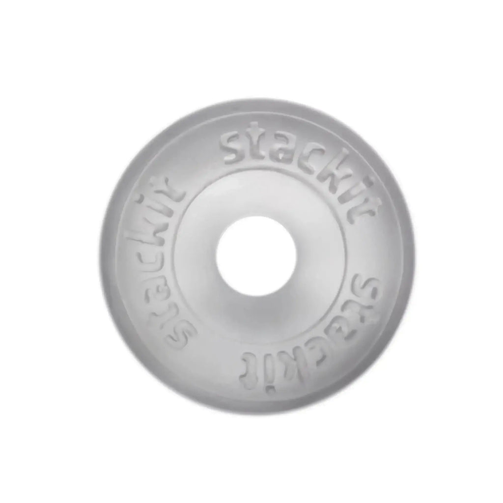 Perfectfit stackit clear translucent plastic stacker with embossed stackkit branding around its circular edge