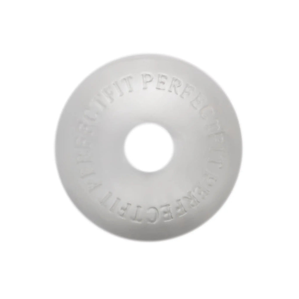 White frosted plastic donut-shaped PerfectFit Stackit Clear with embossed text around its circumference