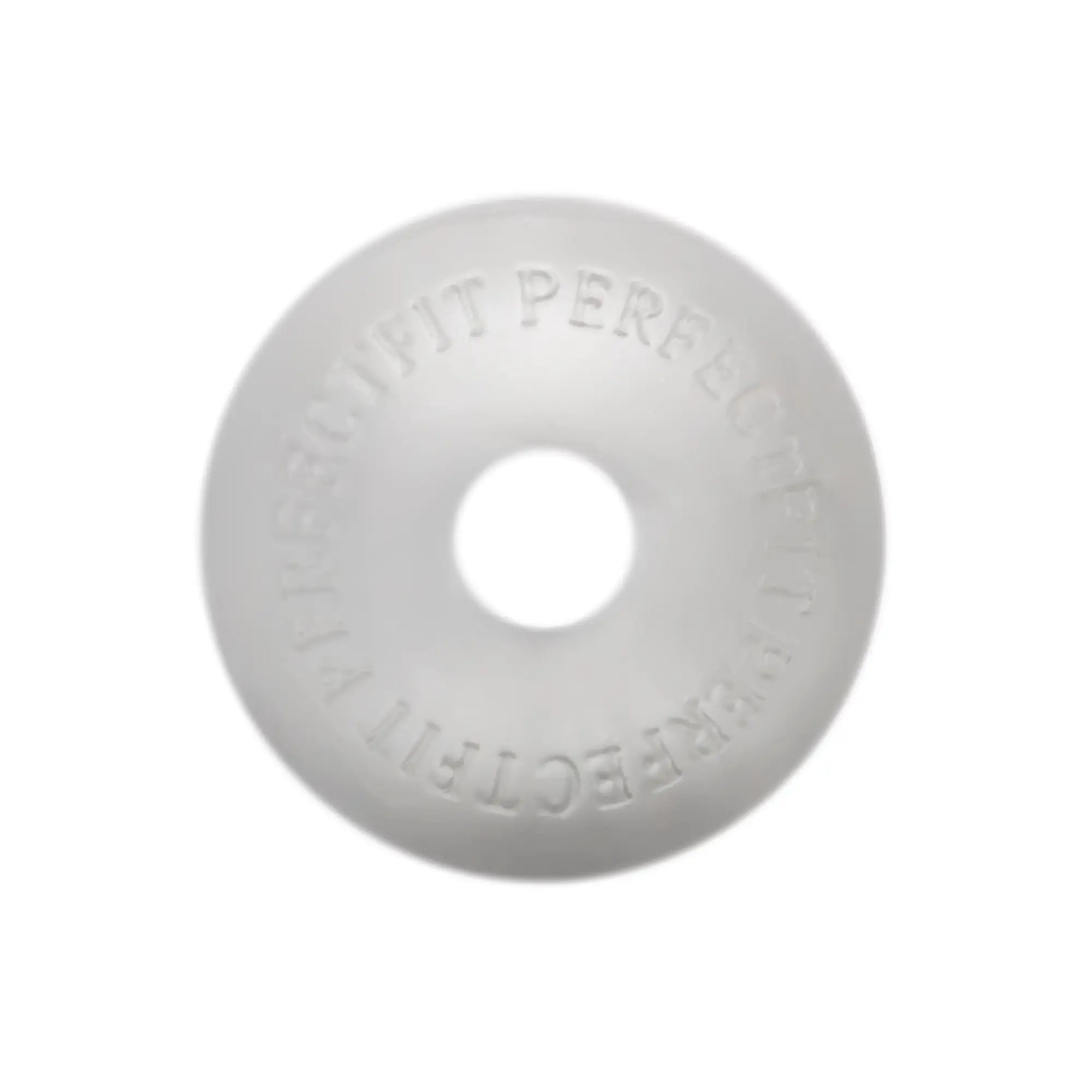 White frosted plastic donut-shaped PerfectFit Stackit Clear with embossed text around its circumference