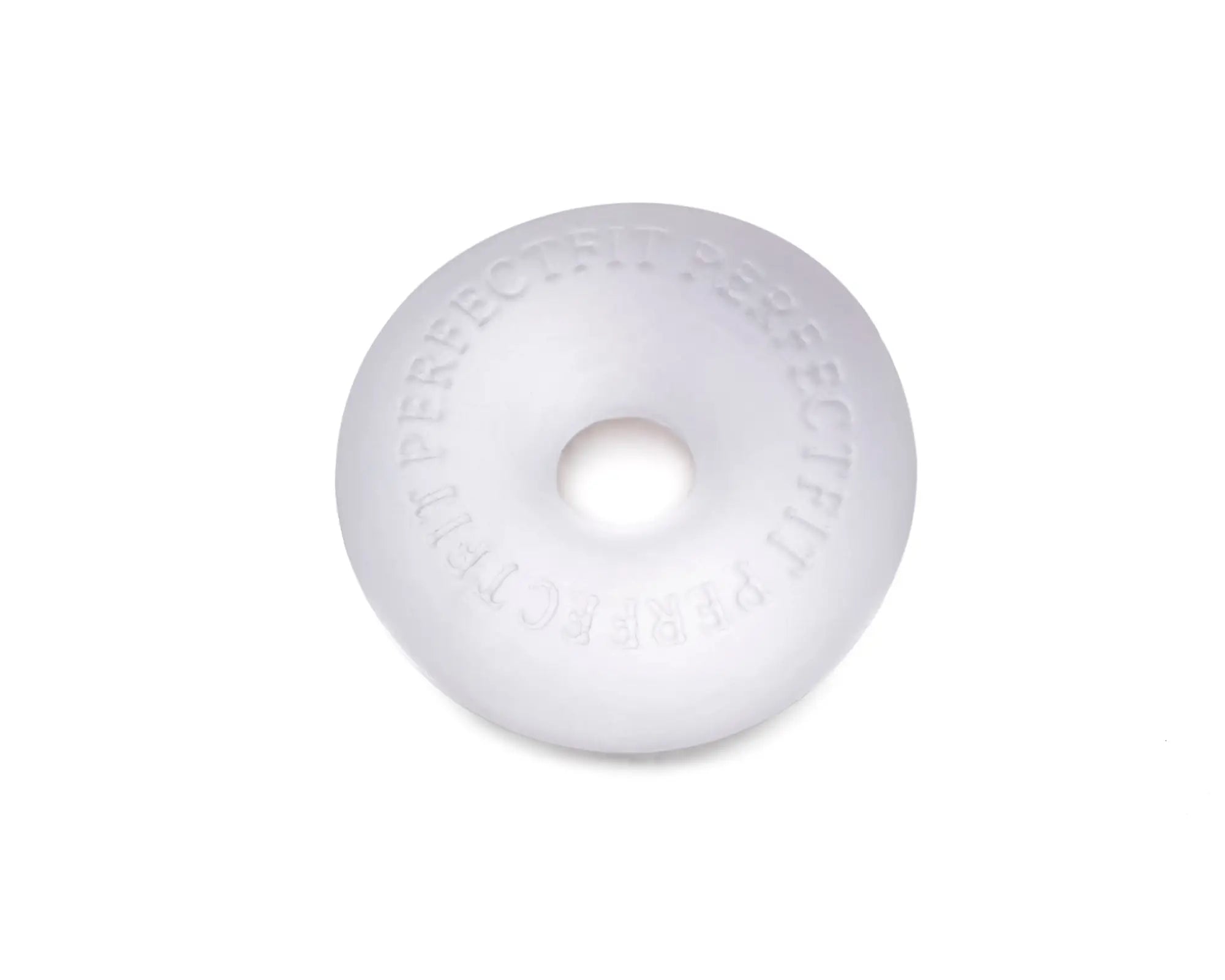 White matte-finished donut-shaped PerfectFit Stackit Clear object with perfect embossed around its circumference
