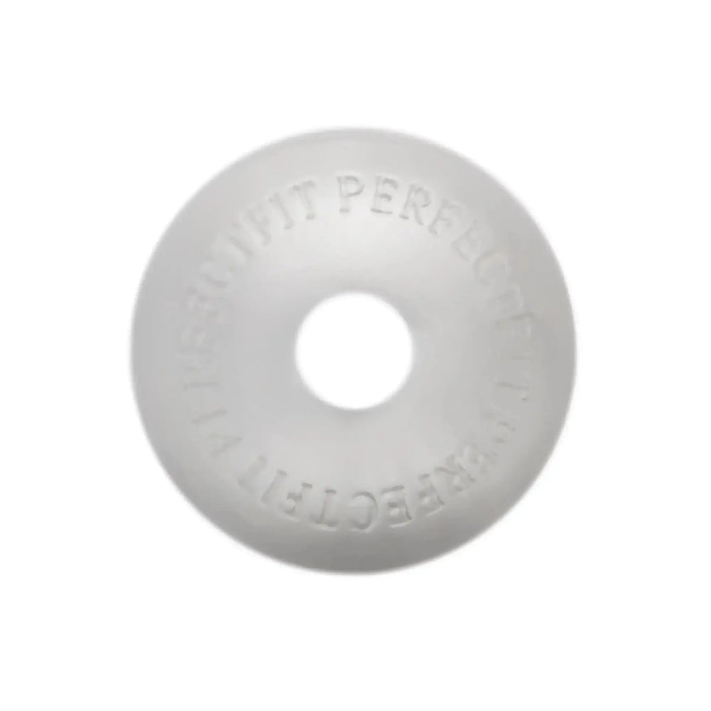 White frosted plastic donut-shaped PerfectFit Stackit Clear with embossed text around its circumference
