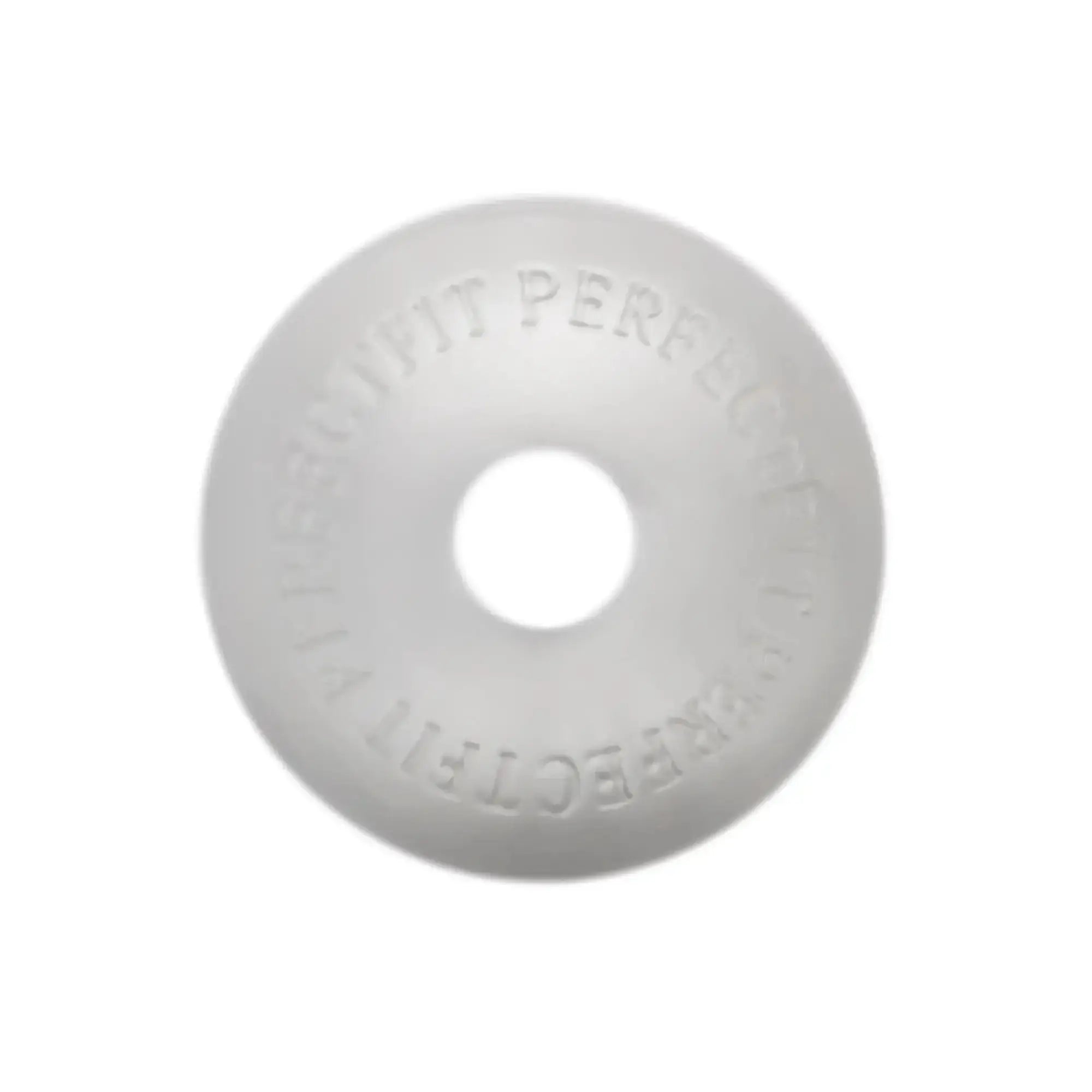 White frosted plastic donut-shaped PerfectFit Stackit Clear with embossed text around its circumference