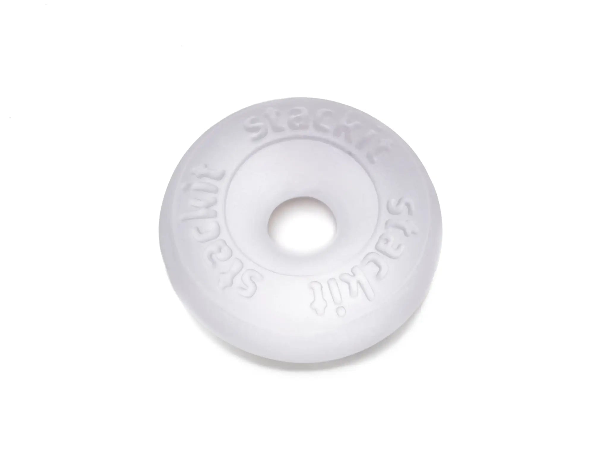 Perfectfit stackit clear white translucent plastic donut-shaped object with stackit embossed around its edge