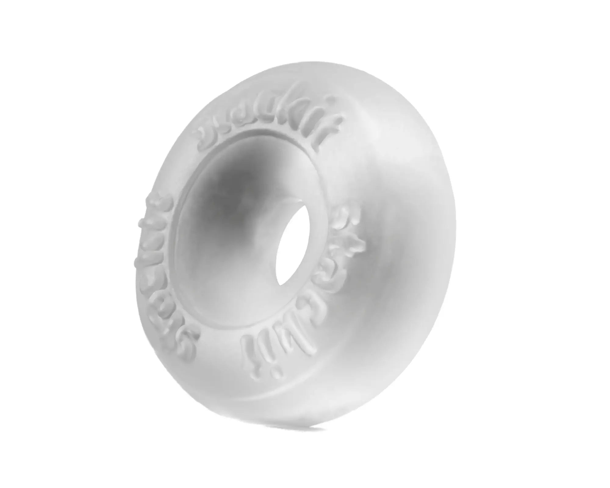 White translucent silicone donut shaped perfectfit stackit clear with embossed text around its circumference